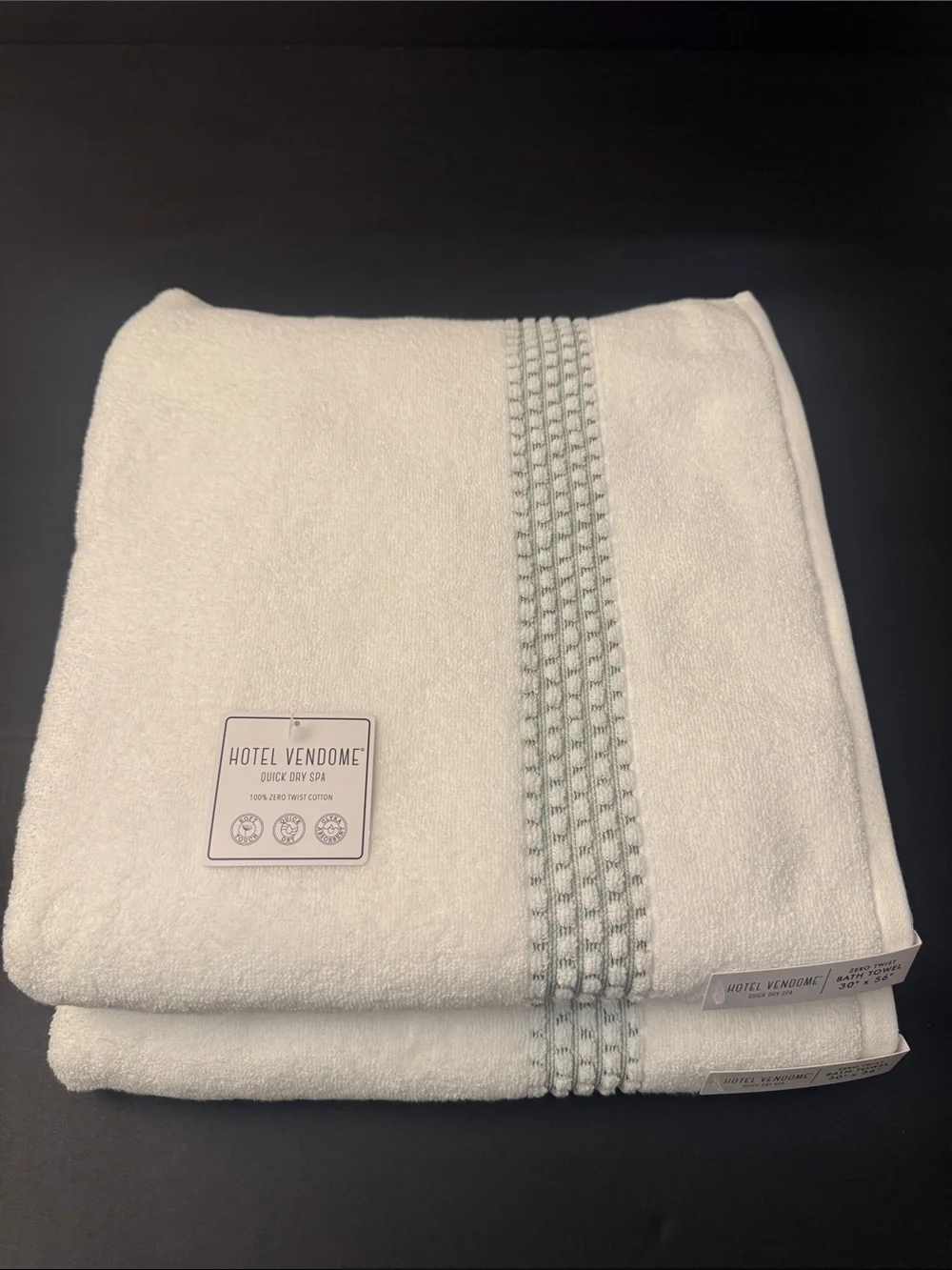 2pc HOTEL VENDOME Quick Dry Spa 100% Zero Twist Cotton Bath Towel Set -Wht/Green